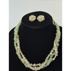 Vintage Multi Strand Freshwater Pearl Green Stone Necklace Clip On Earring Set